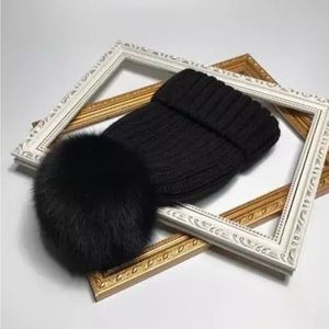 Woman's 100% Real Fur Winter Hat,Black on Black Pom Pom Beanie Style Hat